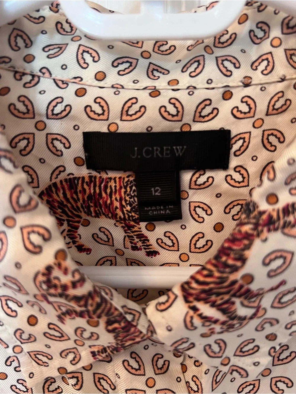 J. Crew Silk Cream Button-Down Shirt with Rust Orange Tiger Print
